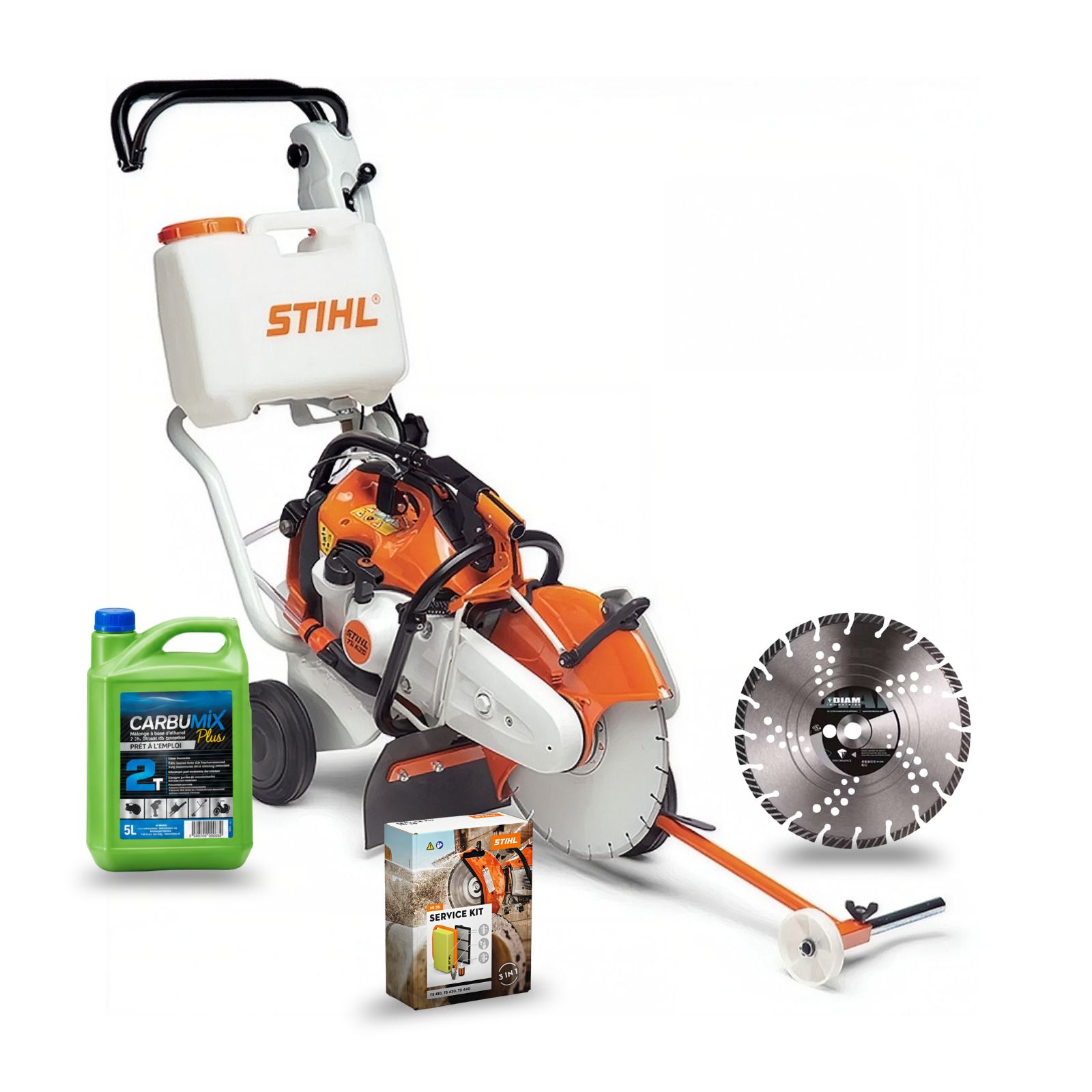 Découpeuse STIHL TS 420 Ø 350 mm avec chariot de guidage, indicateur du sens de coupe et réservoir d’eau 13 L spécial découpe au sol