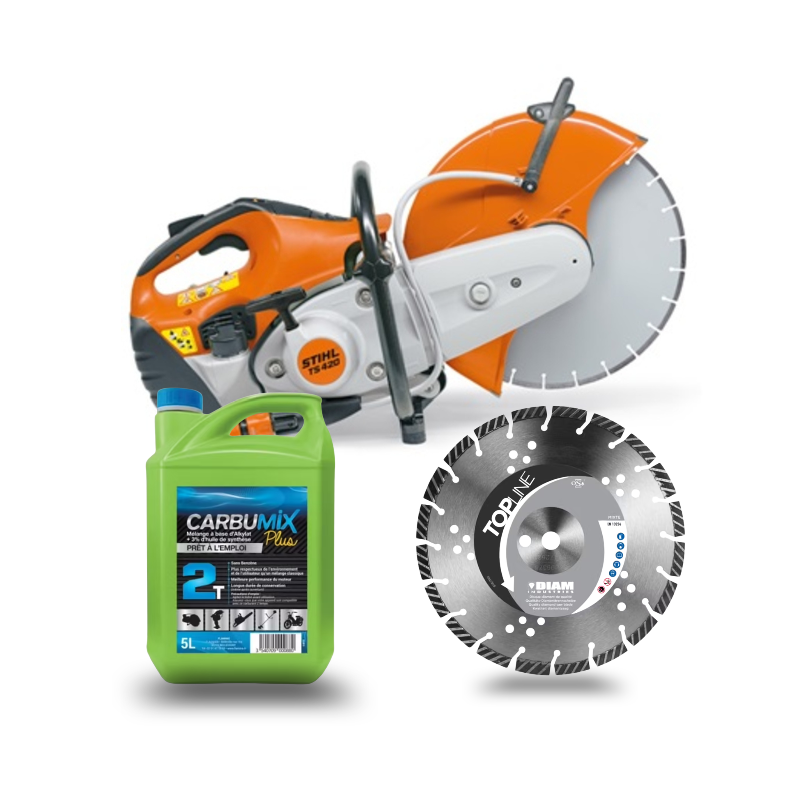 Découpeuse STIHL TS 420 Ø 350 mm avec disque diamant mixte et carburant