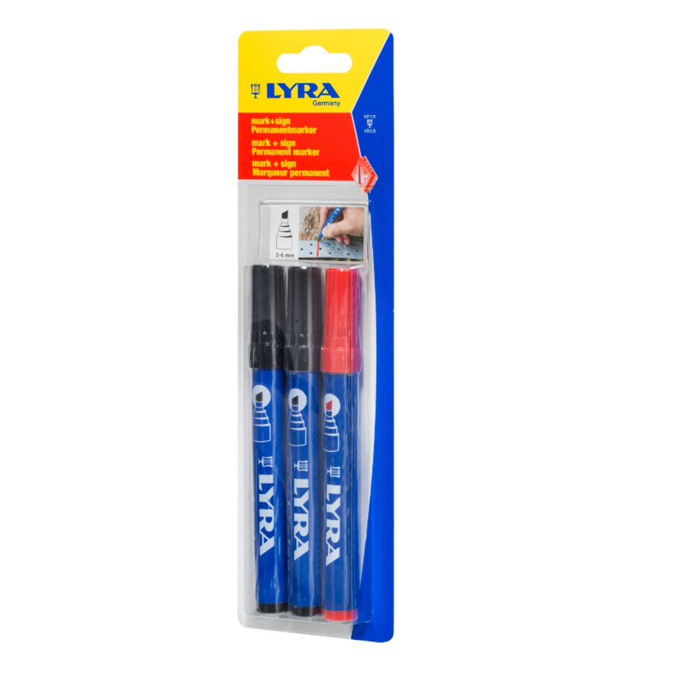 PACK DE 3 MARQUEURS LYRA PERMANENTS 2 NOIRS ET 1 ROUGE MARK+SIGN POINTE BISEAUTÉE 2-6 MM - 4018005