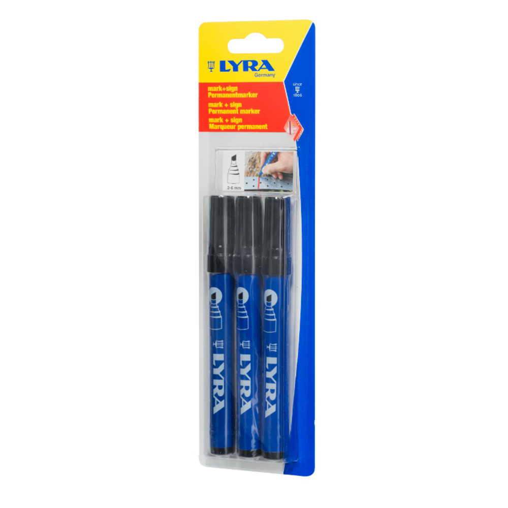Pack de 3 Marqueurs permanents noirs MARK+SIGN pointe biseautée 2-6 mm - LYRA - 4018006
