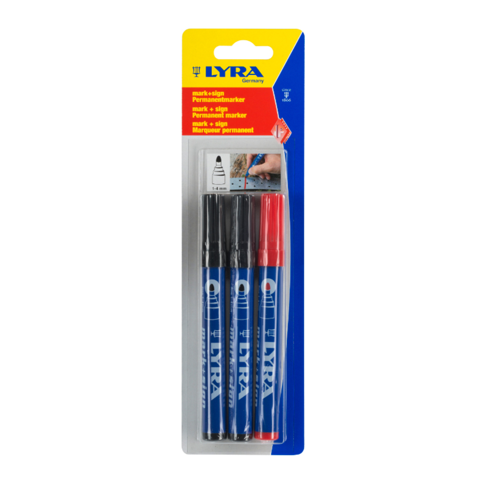 Pack LYRA 3 Marqueurs permanents 2 noirs 1 rouge ogive 1-4 mm - 4028005