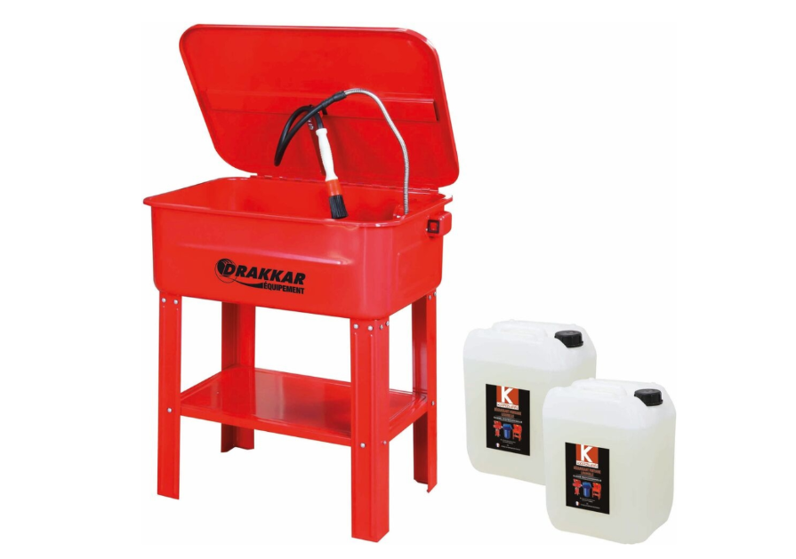 Lot fontaine de nettoyage métallique sur pied, solvant dégraissant et pinceau 28091