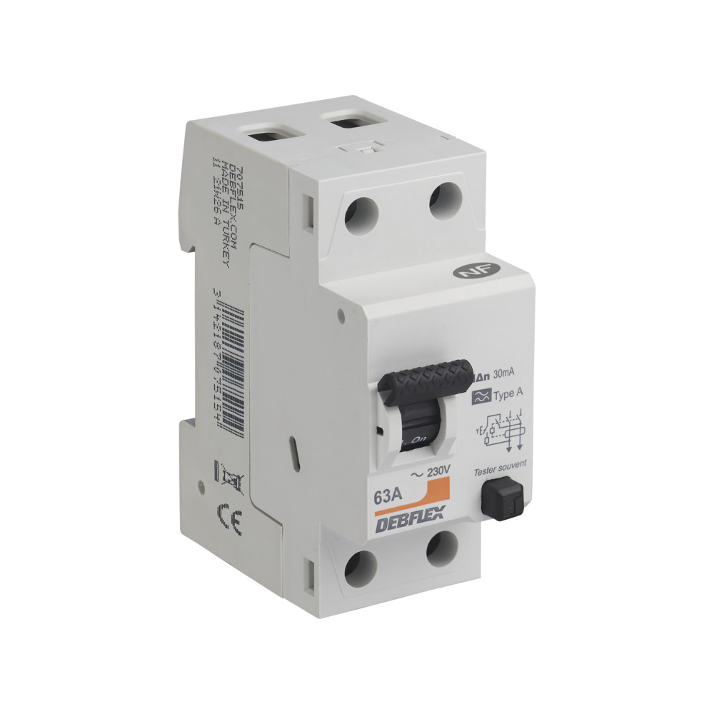 INTERRUPTEUR DIFFERENTIEL 2P 30MA 63A 2 MODULES TYPE A  - DEBFLEX - 707515