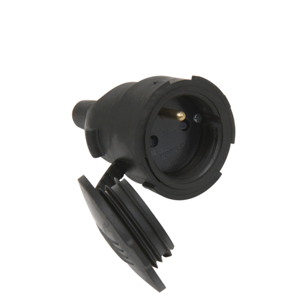 FICHE FEMELLE ETANCHE AVEC VOLET 2P+T 16A DROITE A COIFFE NOIR - DEBFLEX - 713750