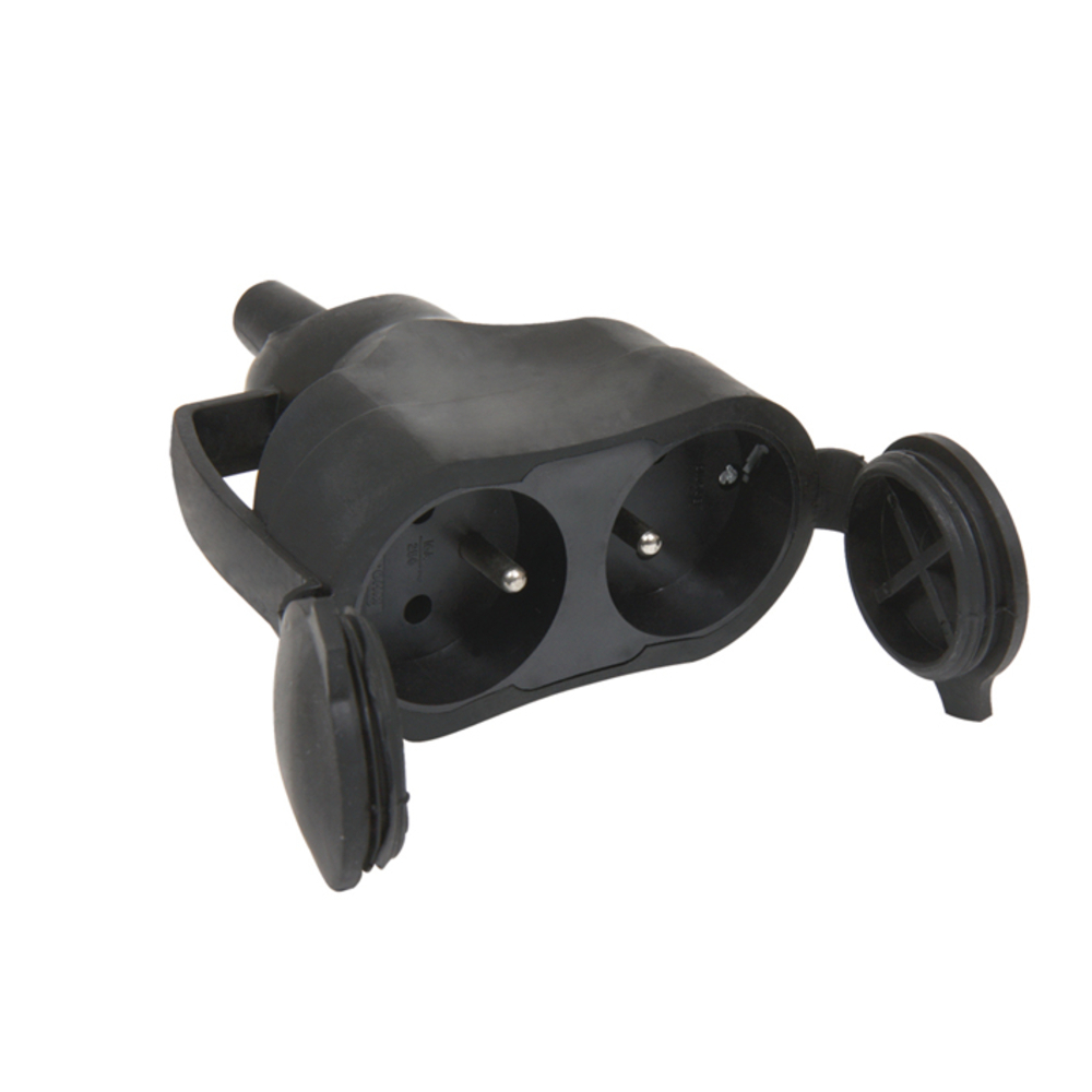 FICHE FEMELLE ETANCHE DOUBLE AVEC VOLET 2P+T 16A DROITE NOIR - DEBFLEX - 713760