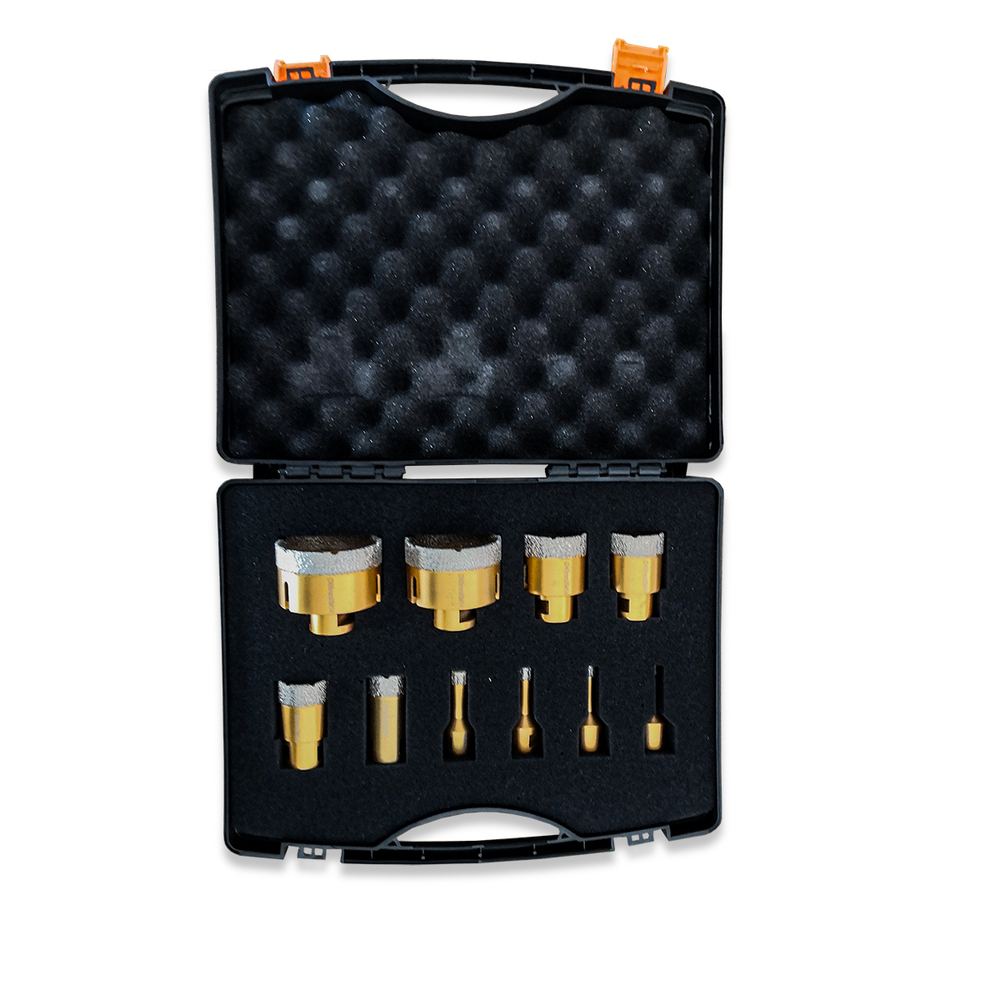 COFFRET 10 TRÉPANS DIAMANTÉS MEULEUSE - diam 6, 8, 10, 12, 28, 35, 40, 45, 65, 68 mm - EDMA - 252055