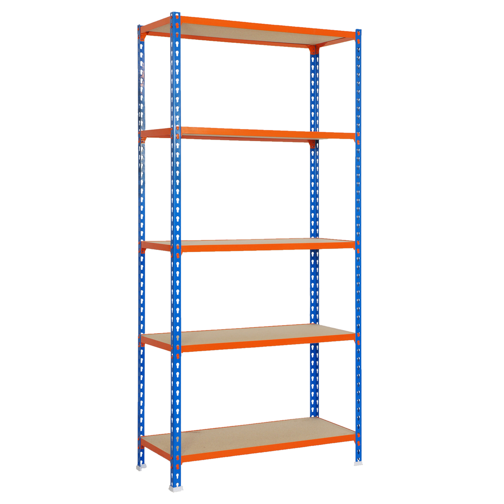 Rayonnage bois-métal léger sans vis 2000x1100x300 - 5 niveaux Bleu/Orange/Bois - SIMON RACK - 8425437077777