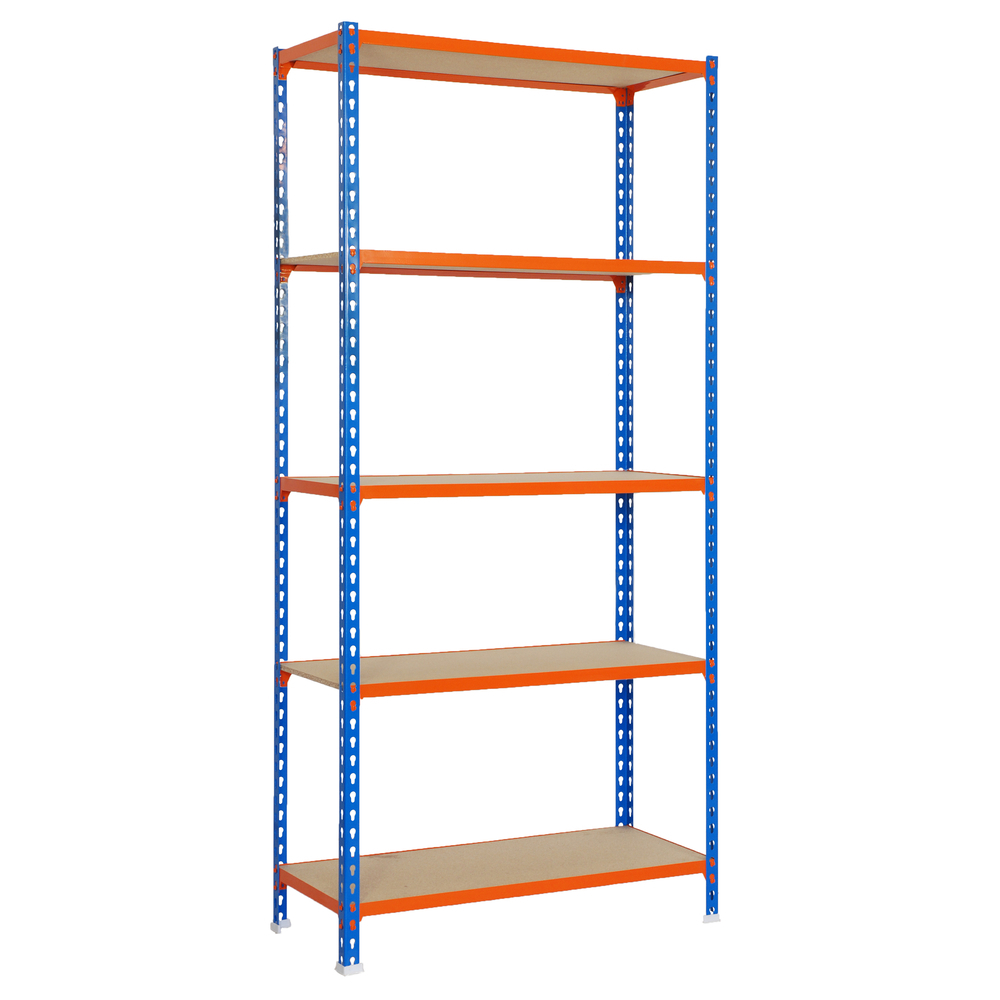 Rayonnage bois-métal léger sans vis 1800x900x300 - 5 niveaux Bleu/Orange/Bois - SIMON RACK - 8435104912768