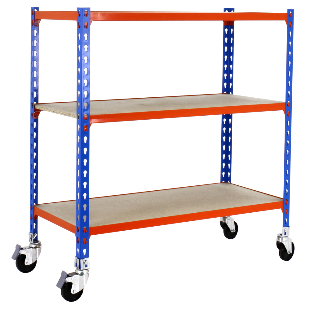 Rayonnage mobile bois-métal léger sans vis 975x800x300 - 3 niveaux Bleu/Orange/Bois - SIMON RACK - 8435104954201