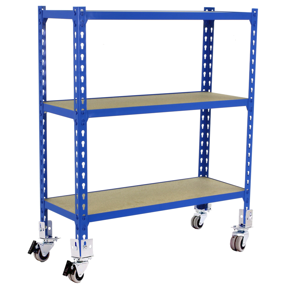 Rayonnage mobile bois-métal léger sans vis 975x1100x400 - 3 niveaux Bleu/Bois - SIMON RACK - 8435104954478