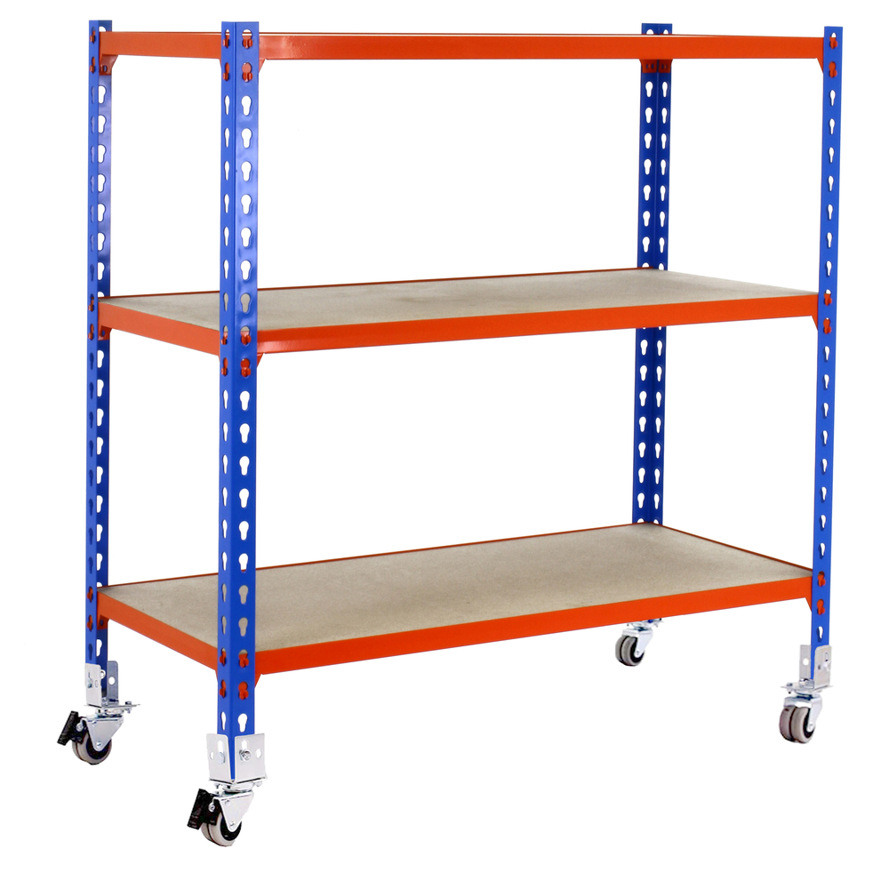 Rayonnage mobile bois-métal léger sans vis 975x1100x400 - 3 niveaux Bleu/Orange - SIMON RACK - 8435104954485