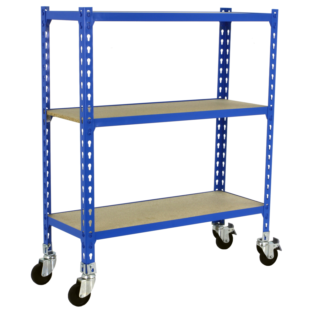 Rayonnage mobile bois-métal léger sans vis 975x800x500 - 3 niveaux Bleu/Bois - SIMON RACK - 8435104954515