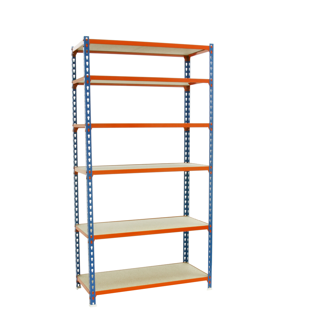 Rayonnage bois-métal léger sans vis 2500x1100x300 - 6 niveaux Bleu/Orange/Bois - SIMON RACK - 8435104955284