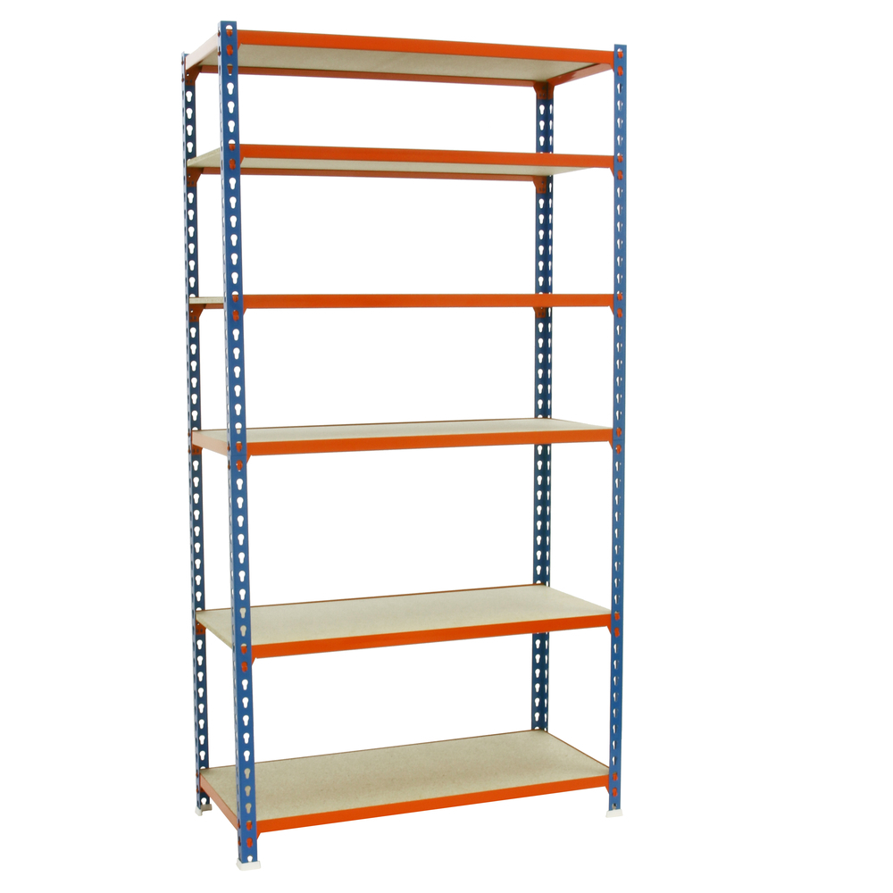 Rayonnage bois-métal léger sans vis 2500x900x500 - 6 niveaux Bleu/Orange/Bois - SIMON RACK - 8435104955529