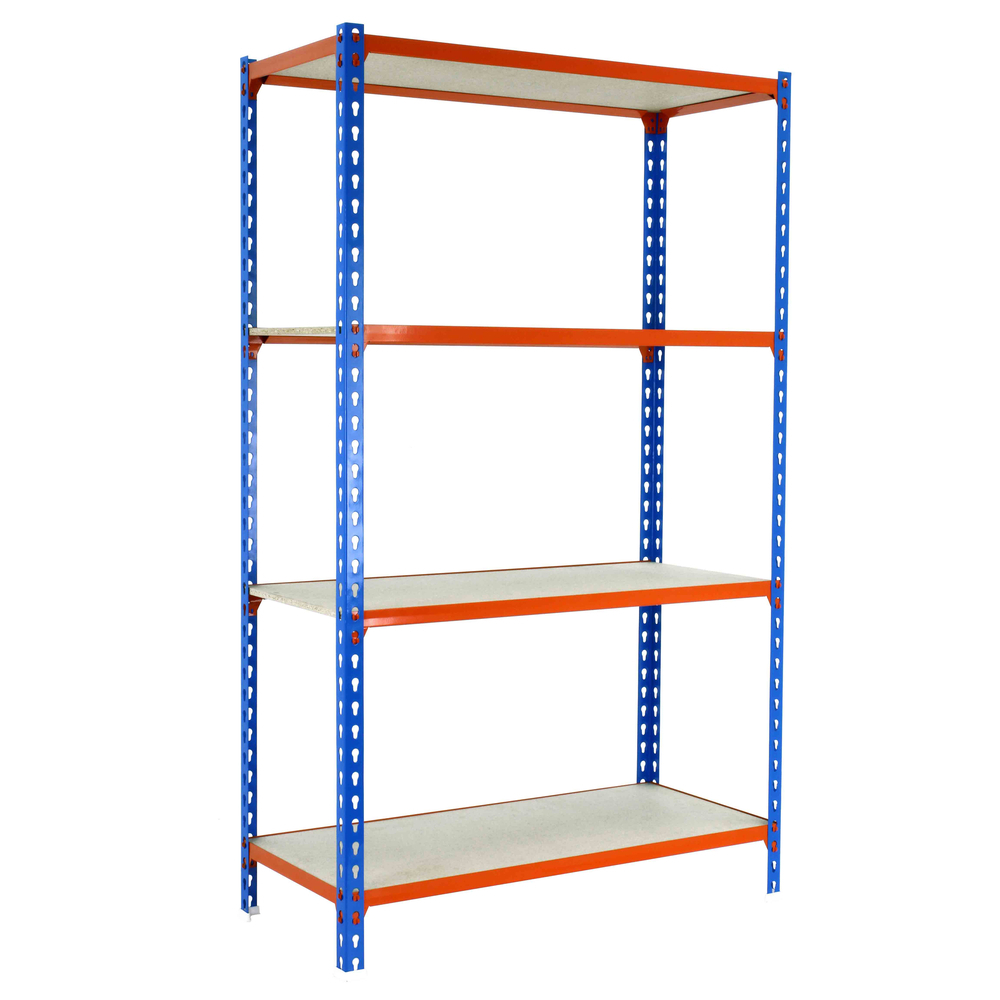 Rayonnage bois-métal léger sans vis 1500x900x400 - 4 niveaux Bleu/Orange/Bois - SIMON RACK - 8435104961070
