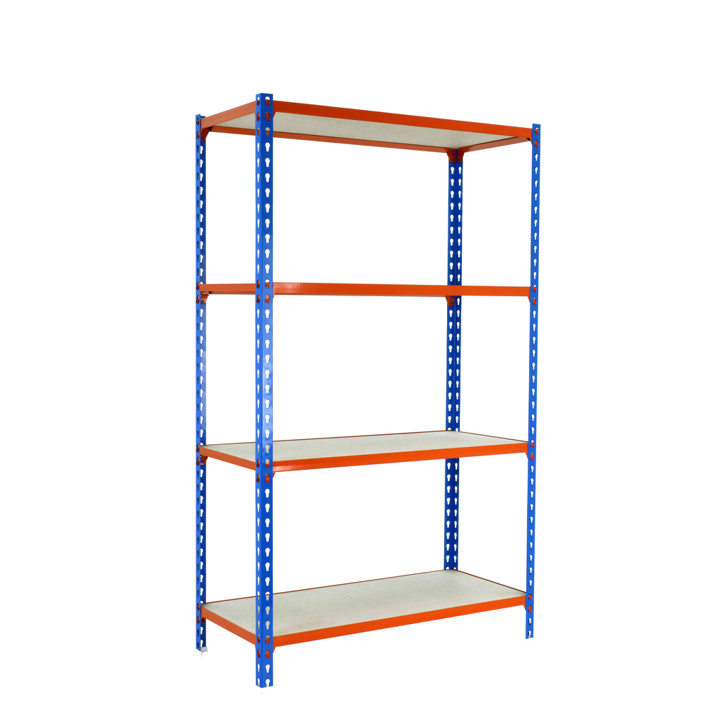 Rayonnage bois-métal léger sans vis 1500x1100x500 - 4 niveaux Bleu/Orange/Bois - SIMON RACK - 8435104961315
