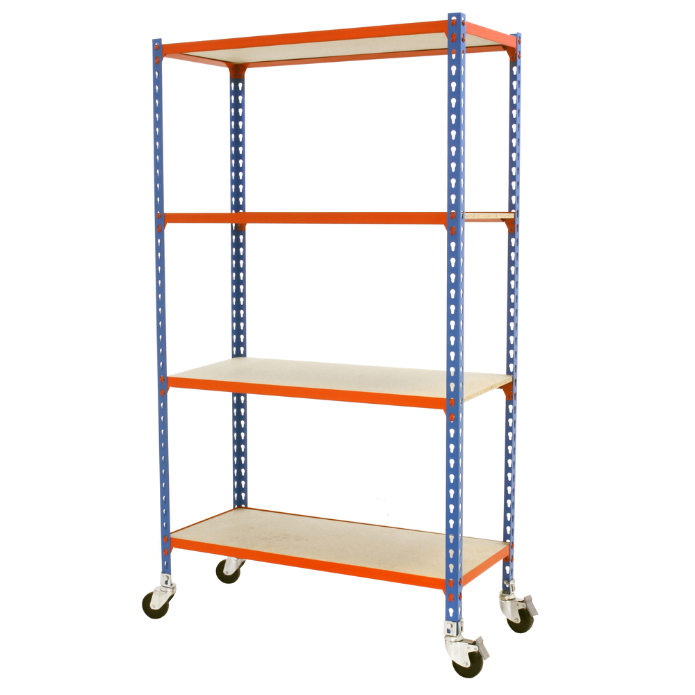 Rayonnage mobile bois-métal léger sans vis 1575x800x300 - 4 niveaux Bleu/Orange/Bois - SIMON RACK - 8435104963340