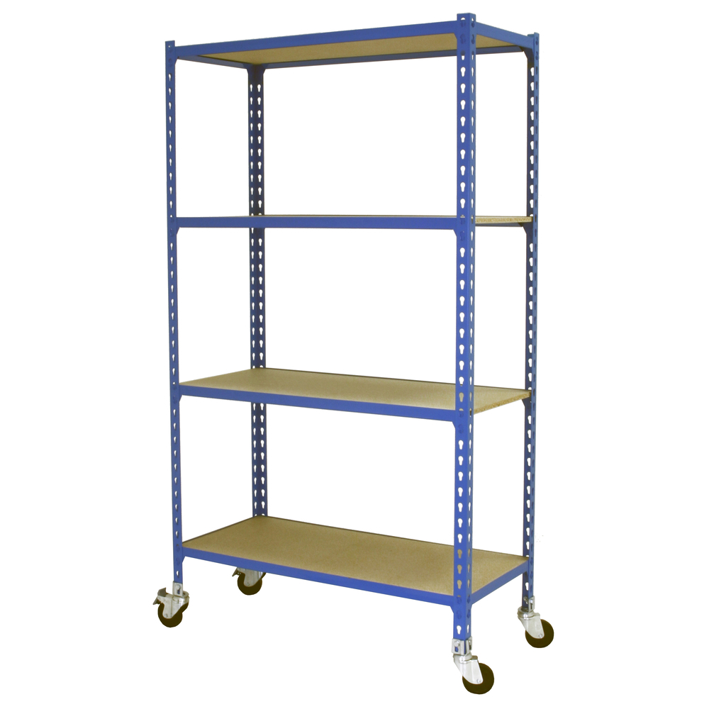Rayonnage mobile bois-métal léger sans vis 1575x1000x400 - 4 niveaux Bleu/Bois - SIMON RACK - 8435104963579