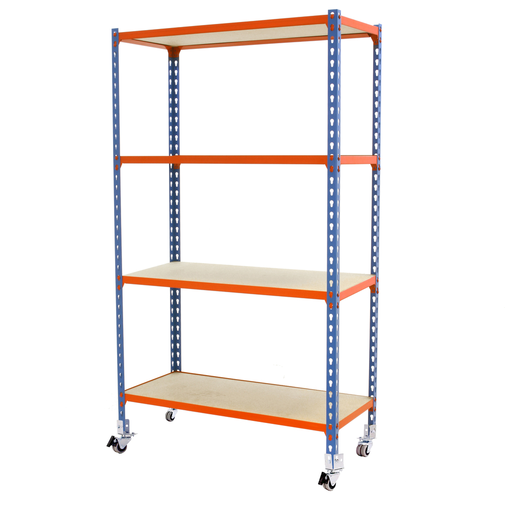 Rayonnage mobile bois-métal léger sans vis 1575x1100x500 - 4 niveaux Bleu/Orange - SIMON RACK - 8435104963784