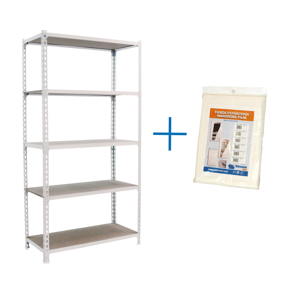 Rayonnage bois-métal léger sans vis 1800x900x300 - 5 niveaux Blanc/Bois - SIMON RACK - 8435104974582