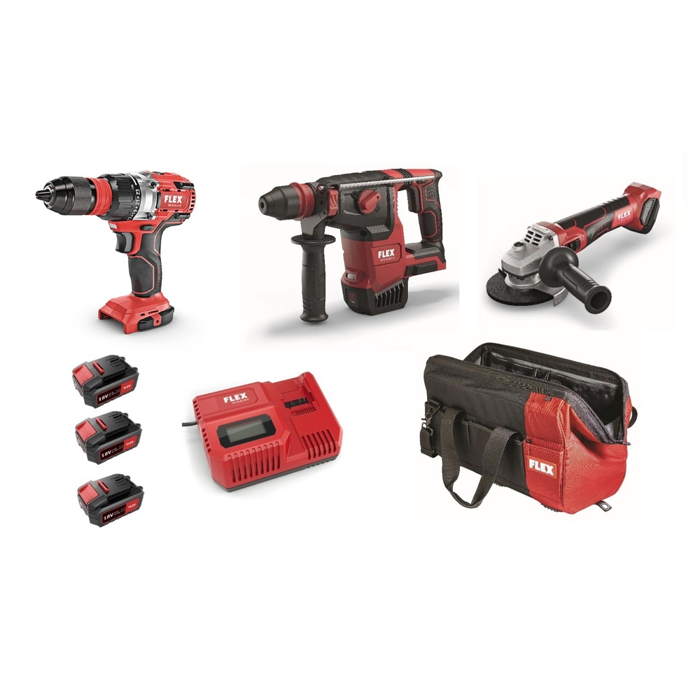 Pack FLEX 3 machines meuleuse, perforateur, perceuse 3 batteries + chargeur + sac 921134 