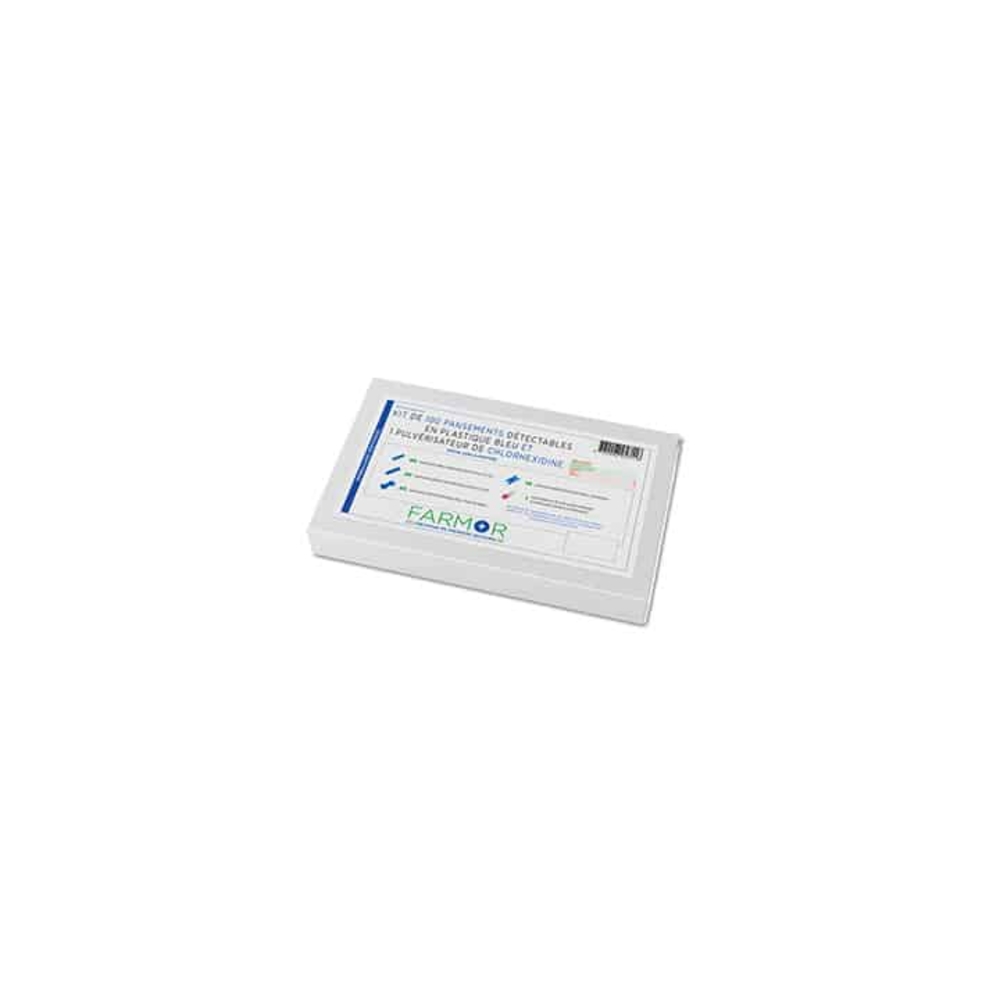 Kit de 100 pansements panachés bleus détectable + 1 pulvérisateur de chlorex FARMOR - KIT 8001 PB