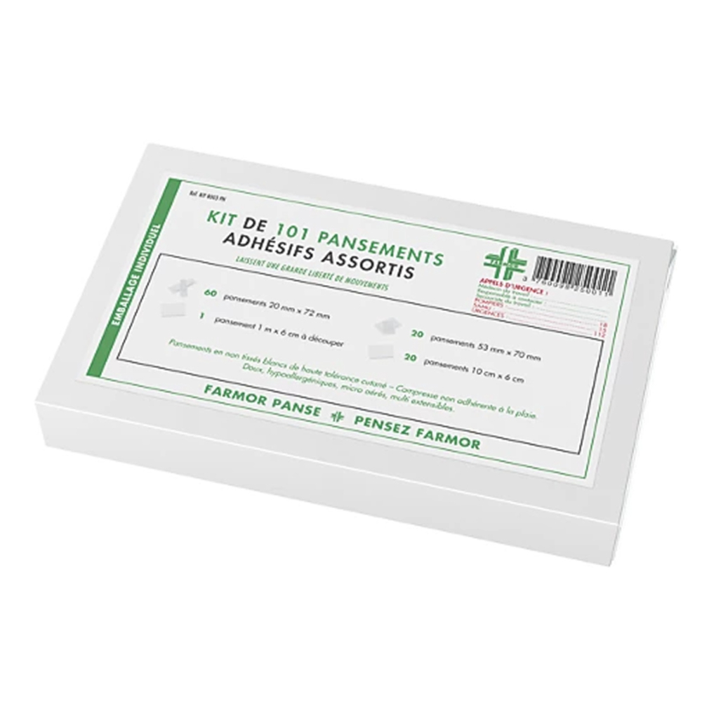 Kit de 101 pansements adhésifs panachés en non tissé blanc - FARMOR - KIT 8003 PN