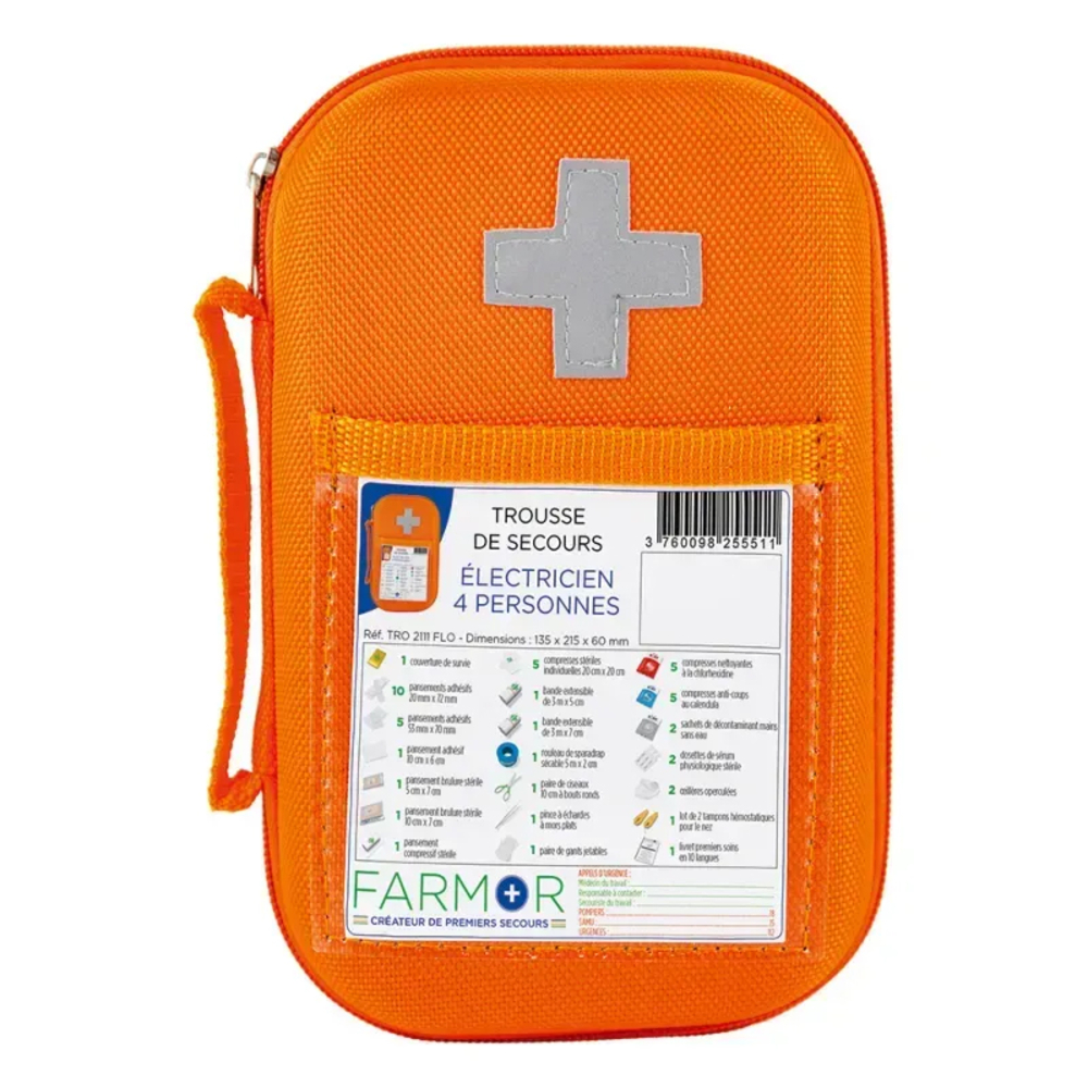 TROUSSE DE SECOURS ÉLECTRICIEN 4 PERSONNES EN PU ORANGE FLUO - FARMOR - TRO 2111 FLO