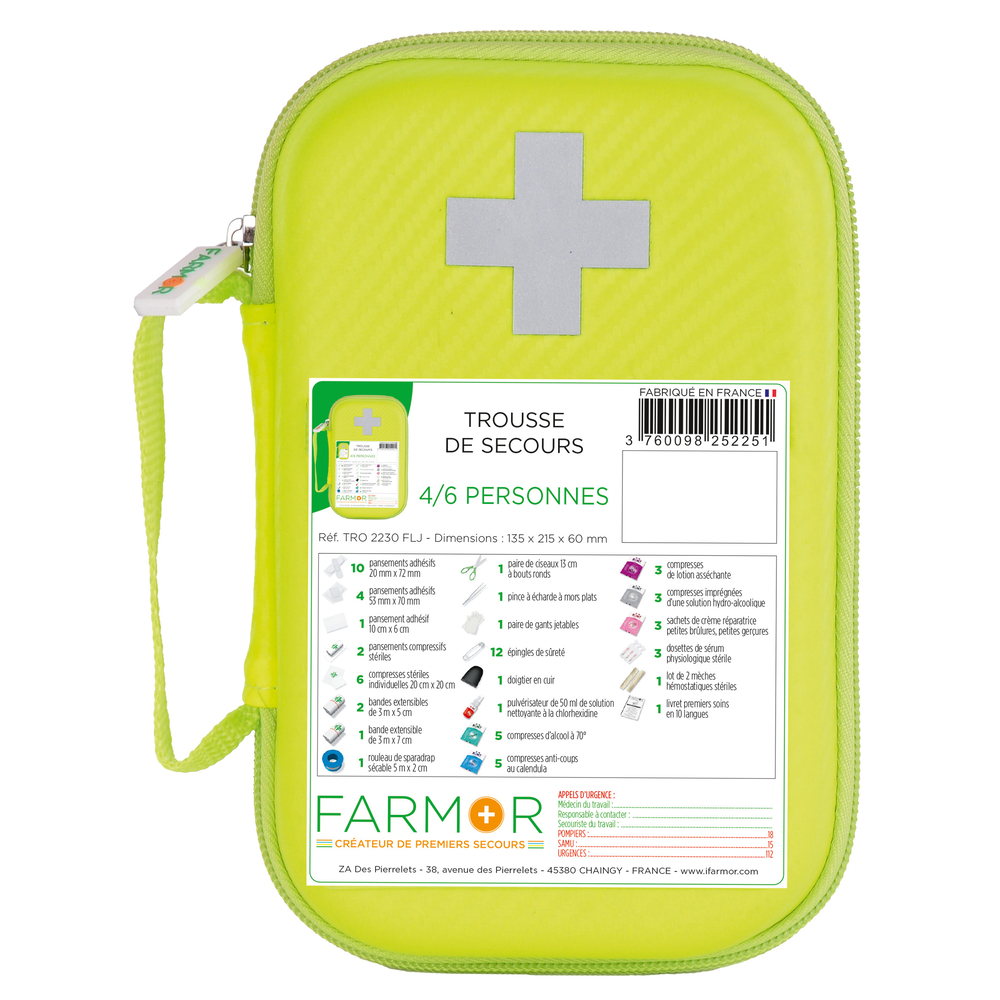 Trousse de secours jaune fluo FARMOR 4/6 personnes - TRO 2230 FLJ