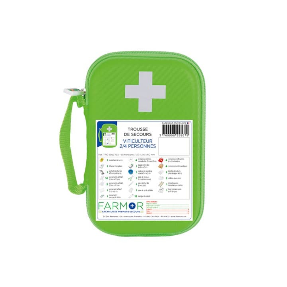 Trousse de secours Viticulteur 2/4 personnes en PU verte fluo FARMOR - TRO 8023 FLV