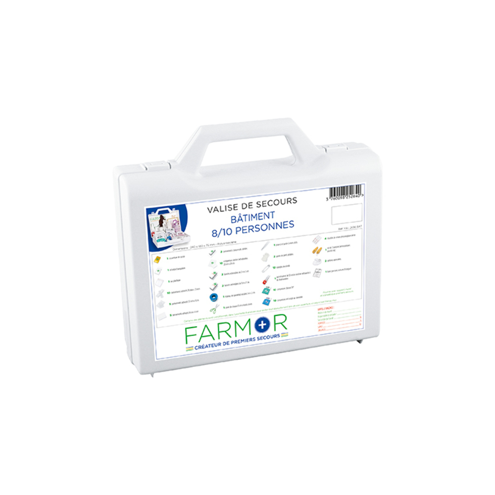 Valise de secours « Bâtiment » 8/10 personnes Polypropylène blanc Poignée de transport et support mural FARMOR - VAL2636BAT