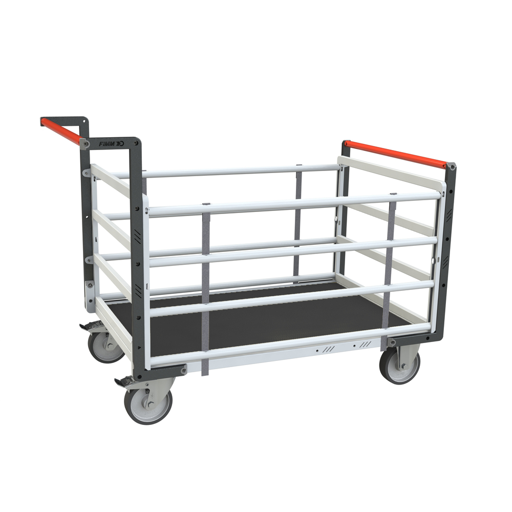 Chariot avec 2 dossiers + 2 ridelles et plateau bois avec tapis caoutchouc 1000x600 mm 500 kg - FIMM - 806724535