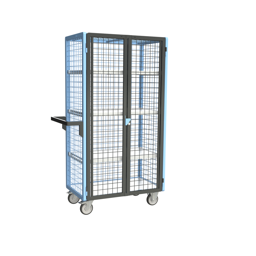 Servante grillagée 4 côtés, verrouillable, avec 3 étagères, plateau bois, 850x500 mm, 250 kg - FIMM - 880725116