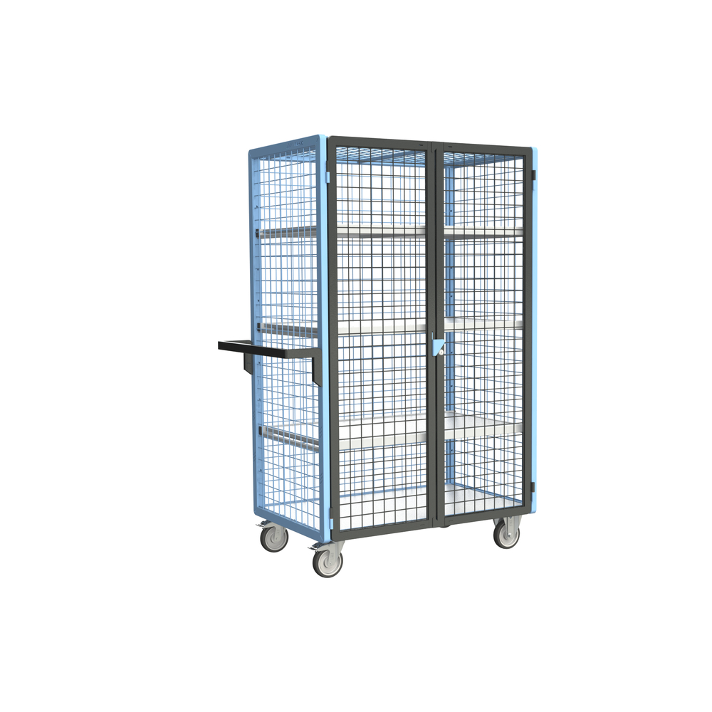 Servante grillagée 4 côtés, verrouillable, avec 3 étagères, plateau bois, 1000x600 mm, 250 kg - FIMM - 880725126