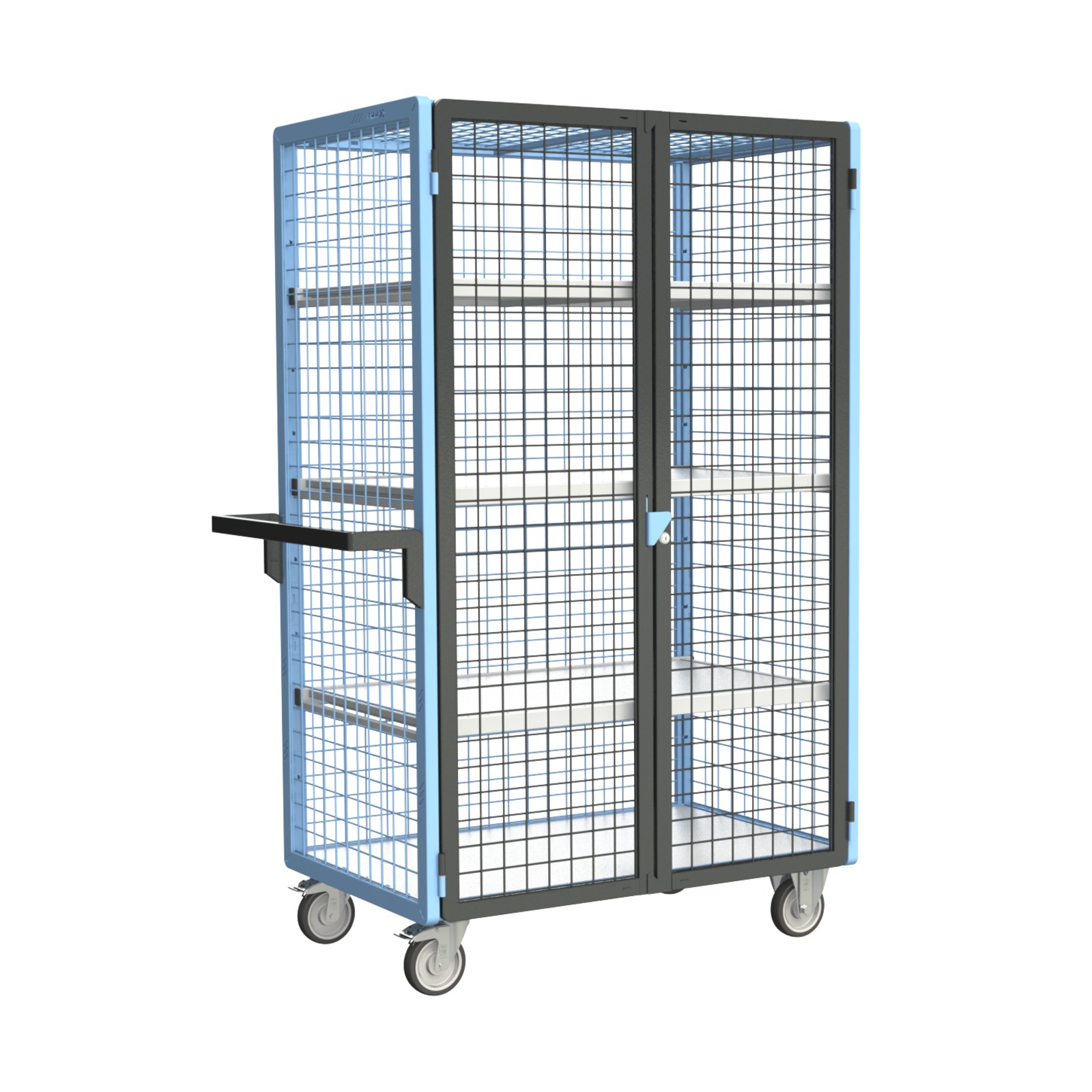 Servante grillagée 4 côtés, verrouillable, avec 3 étagères, plateau bois, 1000x600 mm, 250 kg - FIMM - 880725126