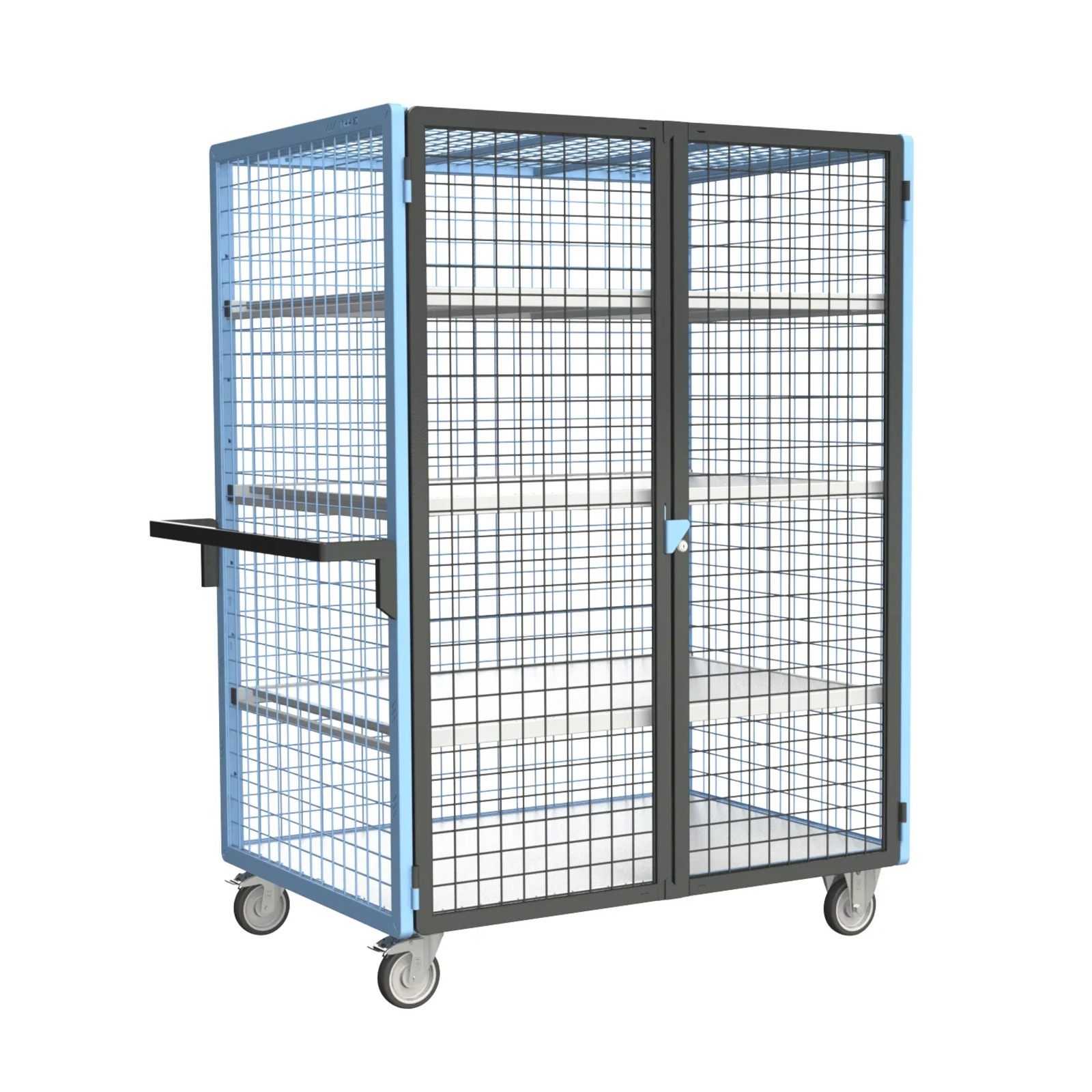 Servante grillagée 4 côtés, verrouillable, avec 3 étagères, plateau bois, 1200x800 mm, 250 kg - FIMM - 880725136