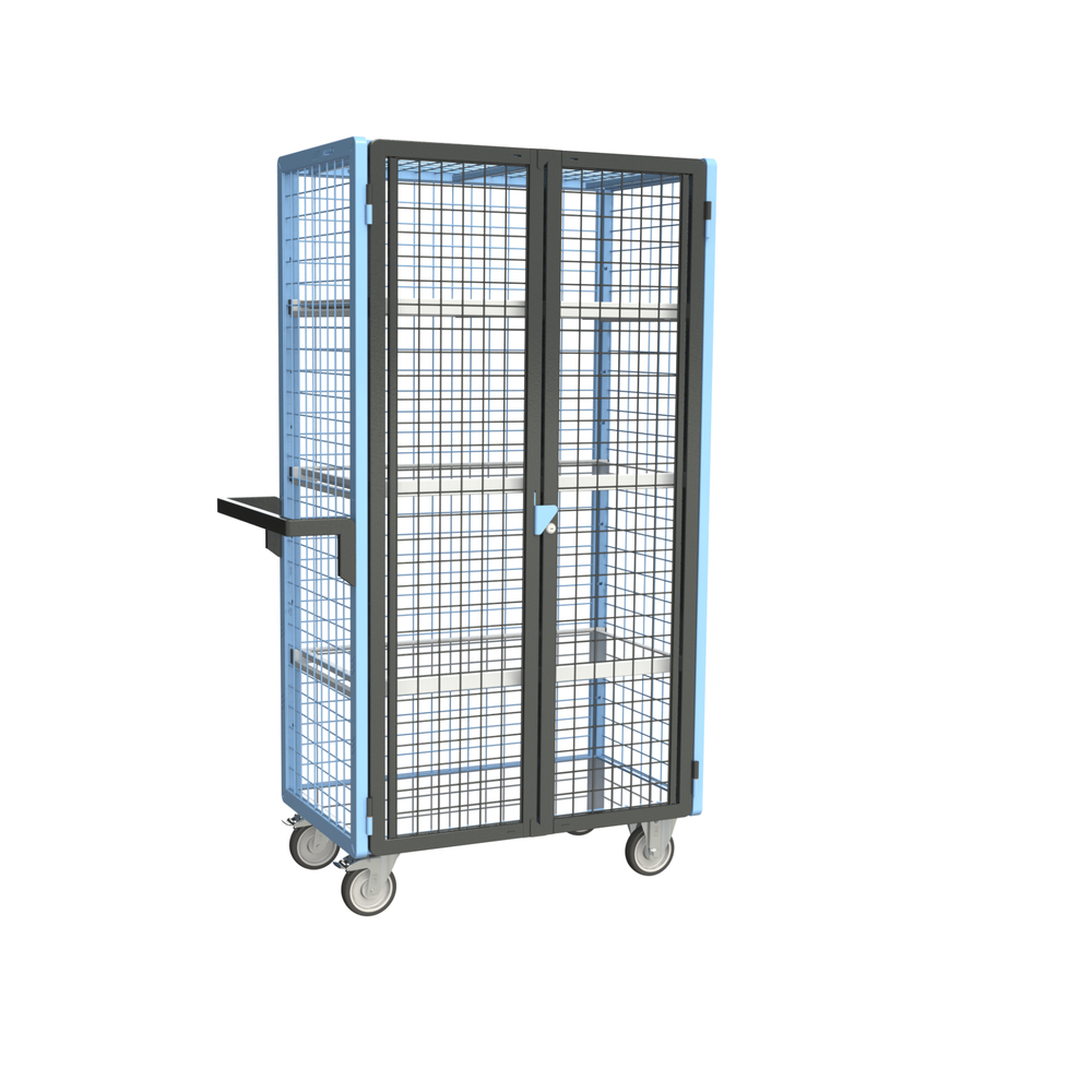 Servante grillagée 4 côtés, verrouillable, avec 3 étagères, plateau tôle galva, 850x500 mm, 250 kg - FIMM - 880725146