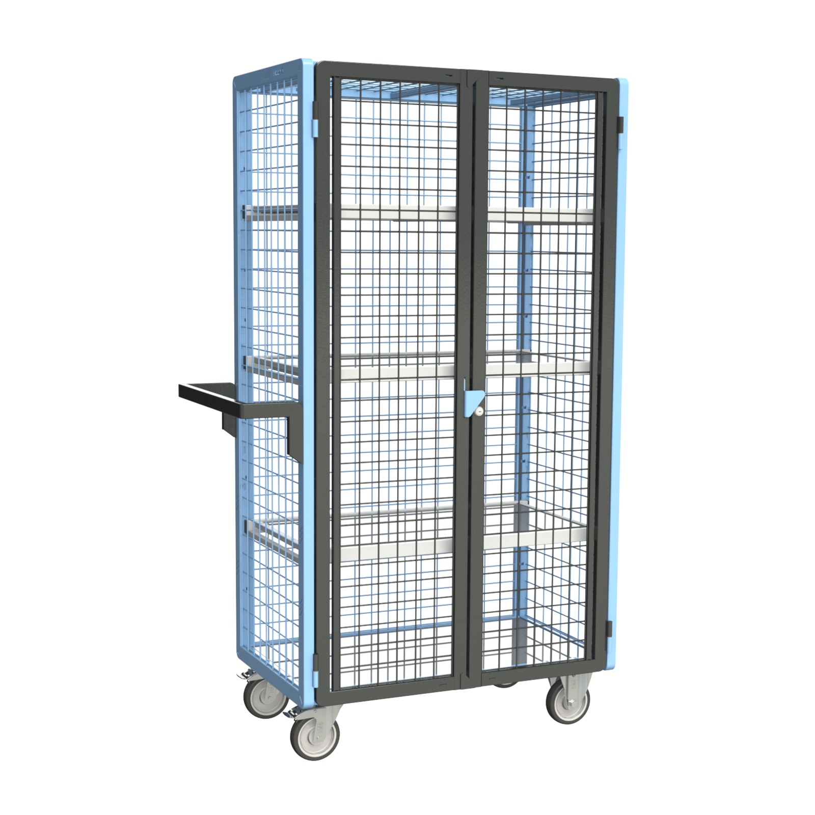 Servante grillagée 4 côtés, verrouillable, avec 3 étagères, plateau tôle galva, 850x500 mm, 250 kg - FIMM - 880725146