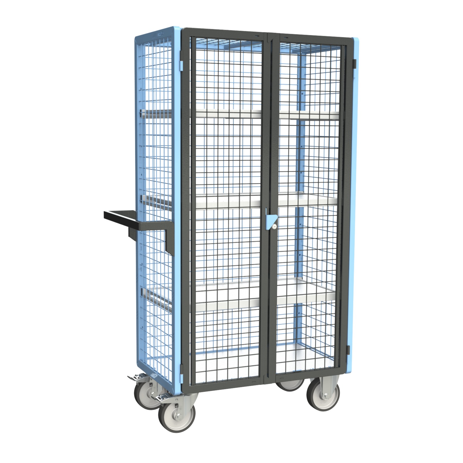 Servante grillagée 4 côtés, verrouillable, avec 3 étagères, plateau bois, 850x500 mm, 500 kg - FIMM - 880725216