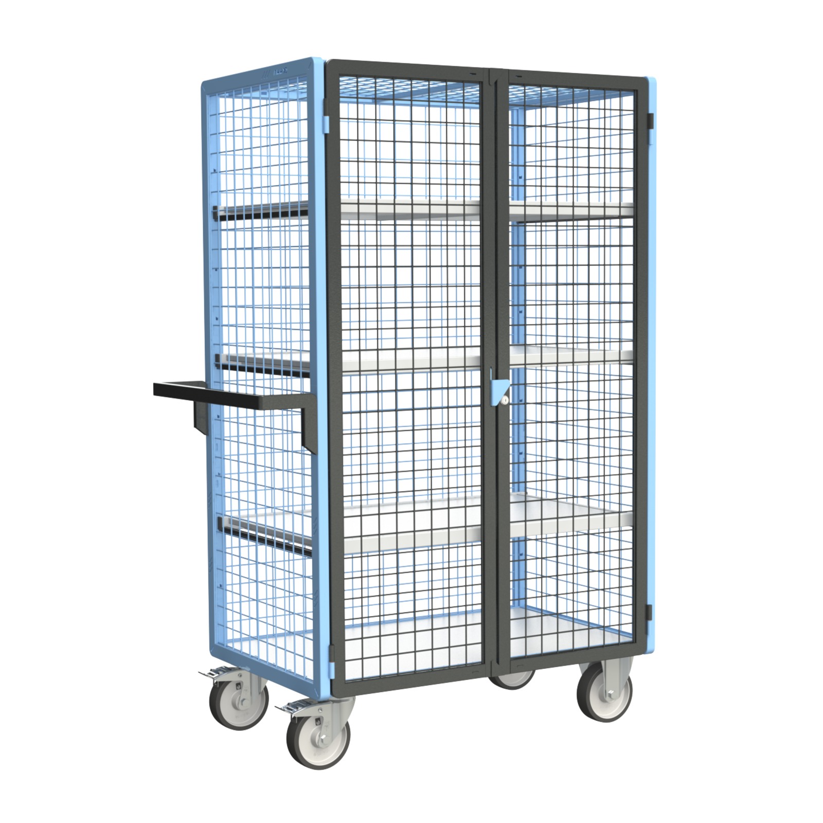 Servante grillagée 4 côtés, verrouillable, avec 3 étagères, plateau bois, 1000x600 mm, 500 kg - FIMM - 880725226