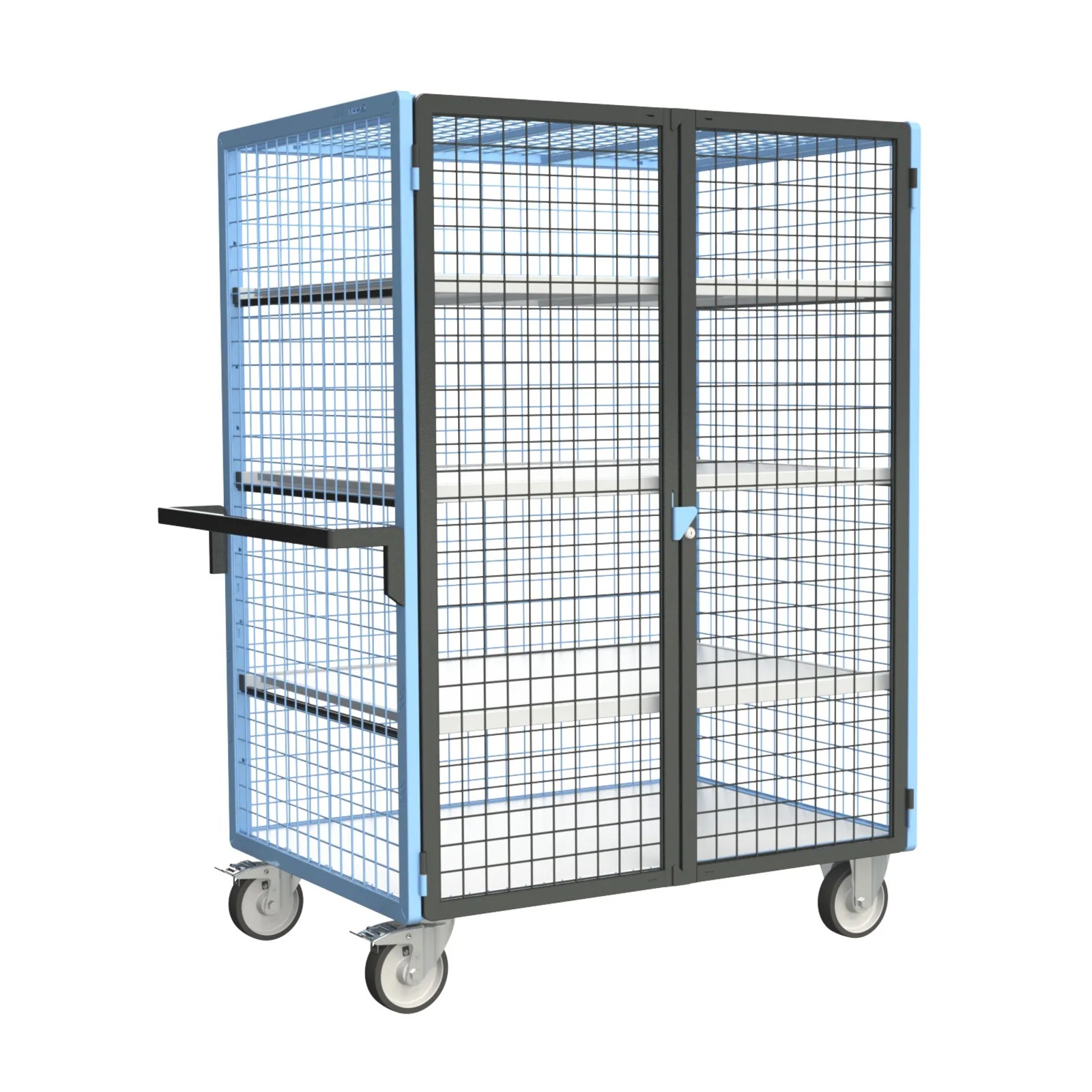 Servante grillagée 4 côtés, verrouillable, avec 3 étagères, plateau bois, 1200x800 mm, 500 kg - FIMM - 880725236