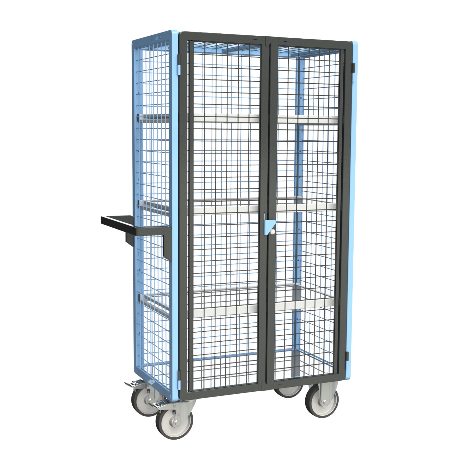 Servante grillagée 4 côtés, verrouillable, avec 3 étagères, plateau tôle galva, 850x500 mm, 500 kg - FIMM - 880725246