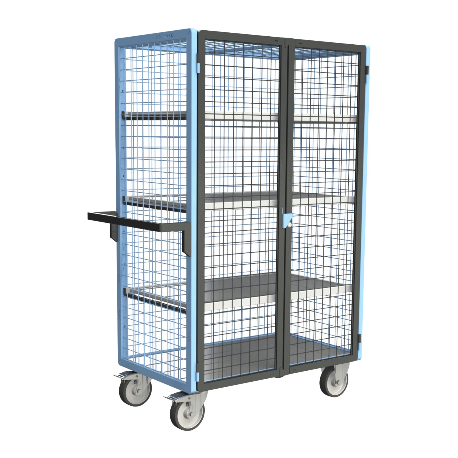 Servante grillagée 4 côtés, verrouillable, avec 3 étagères, plateau tôle galva, 1000x600 mm, 500 kg - FIMM - 880725256