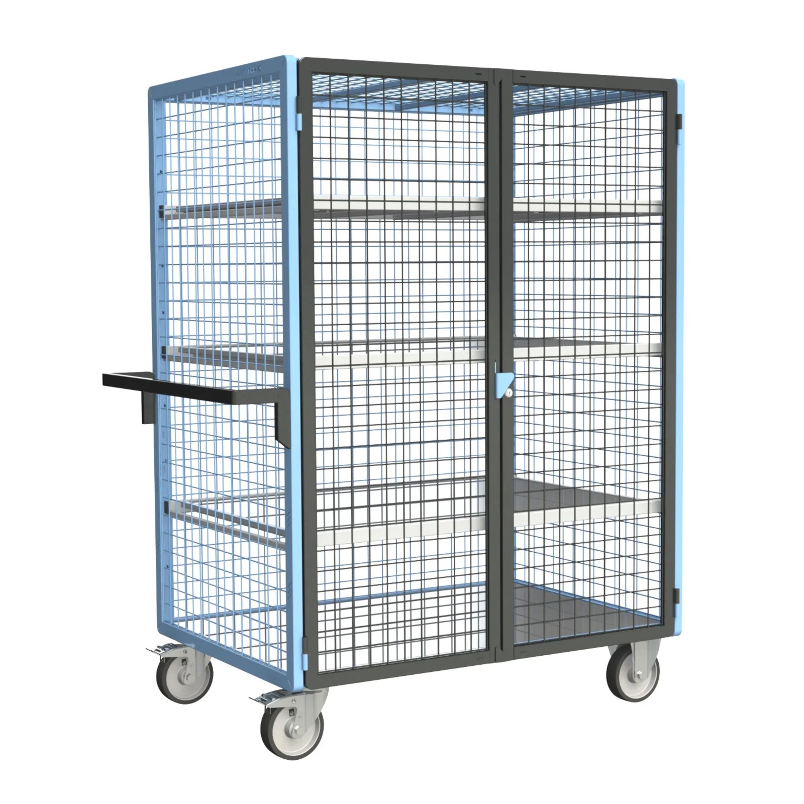 Servante grillagée 4 côtés, verrouillable, avec 3 étagères, plateau tôle galva, 1200x800 mm, 500 kg - FIMM - 880725266