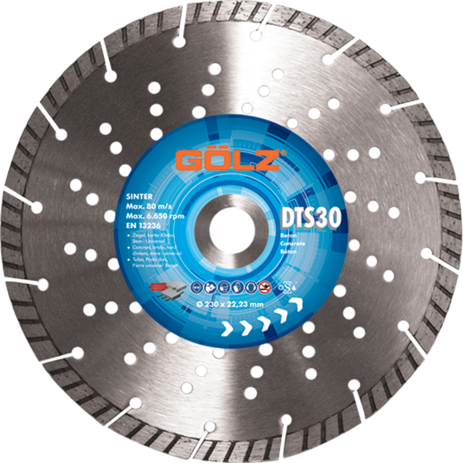 Disque diamant béton universel turbo 230 mm alésage 22,2 mm 10 mm segments DTS30 GOLZ - DTS30230