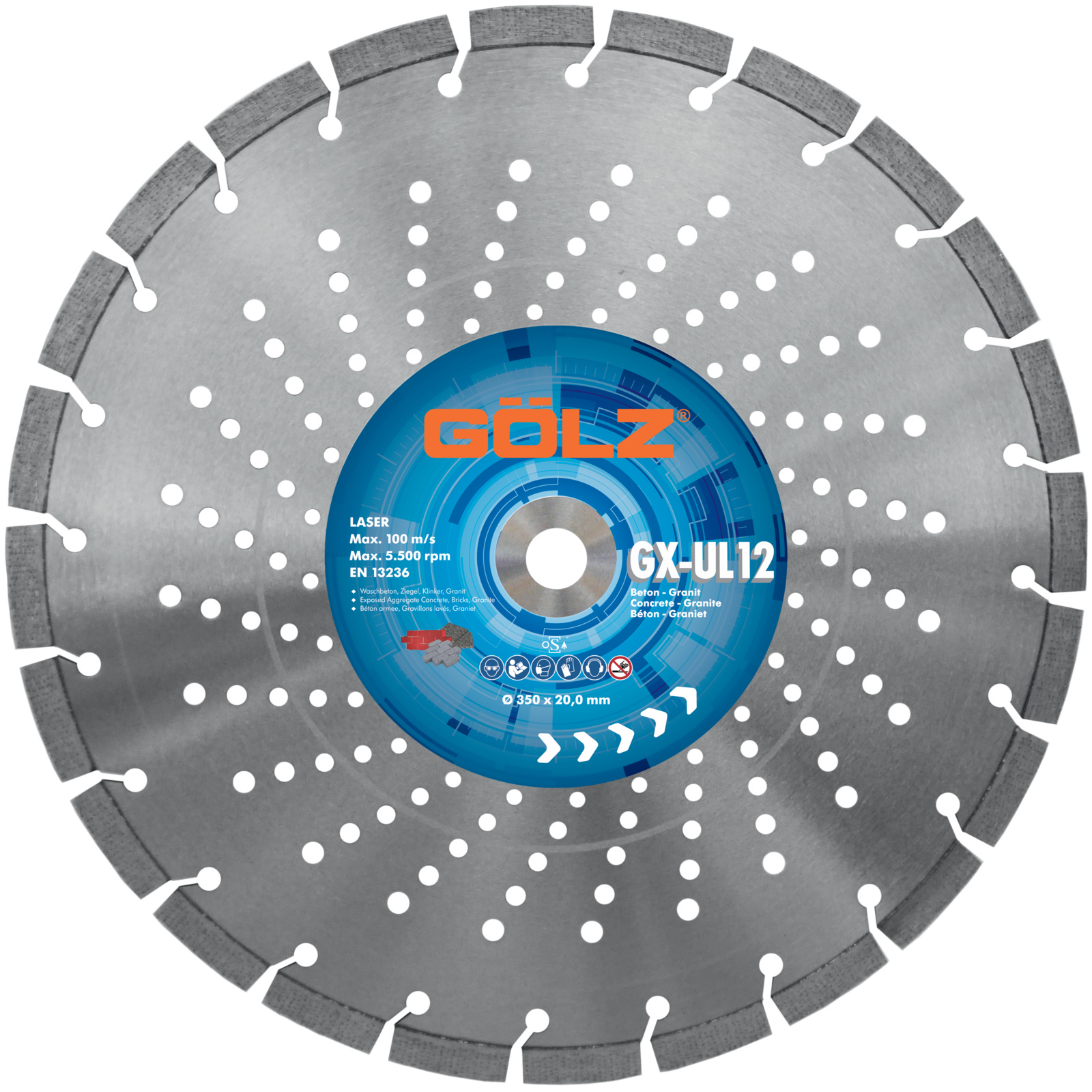 Disque diamant béton/granit Ø350 mm alésage 25,4 mm 12 mm segments soudés laser GX-U12 GOLZ - GX-UL12351