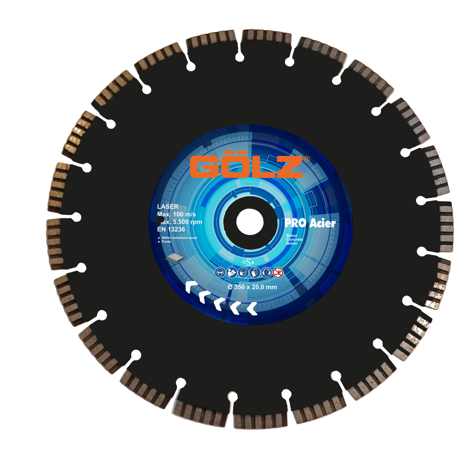 Disque diamant découpe béton armé turbo 267 mm alésage 25,4 mm 6 mm segments Pro Acier GOLZ - PROACIER267