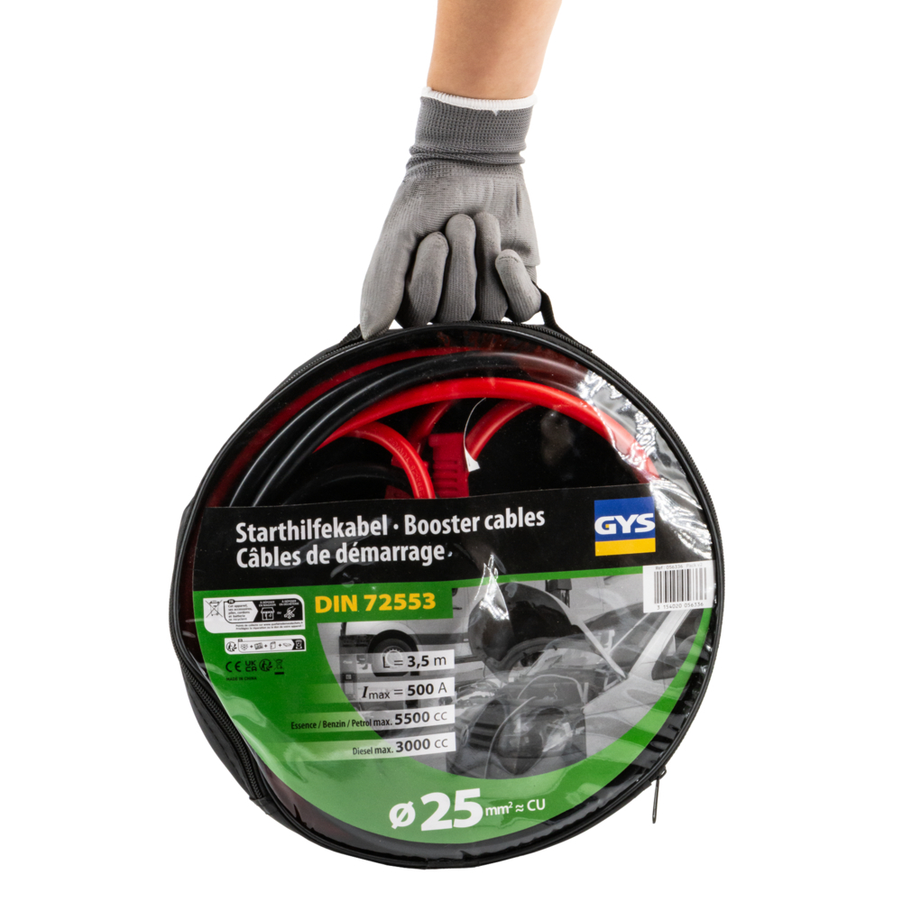 CÂBLES DÉMARRAGE 500A - 3.5 L/5.5 L - 2x3,5m - Ø25mm² - Pinces Isolées - GYS - 056336