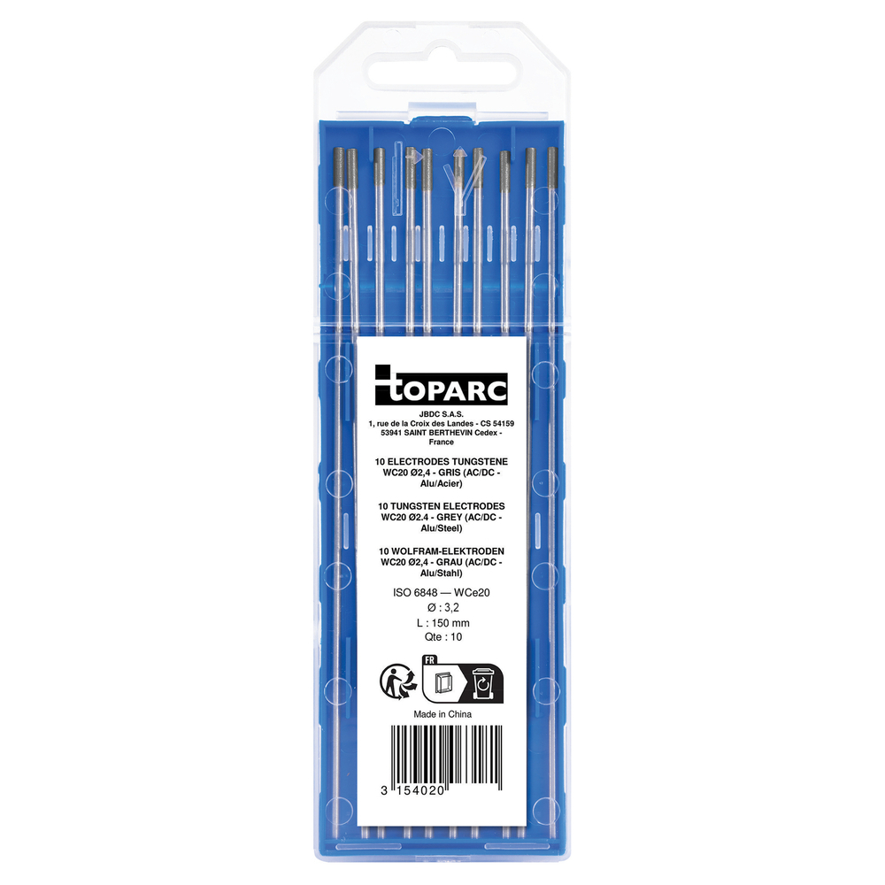 10 ÉLECTRODES TUNGSTENE WC20 Ø3,2 - GRIS - AC/DC - GYS - 063198