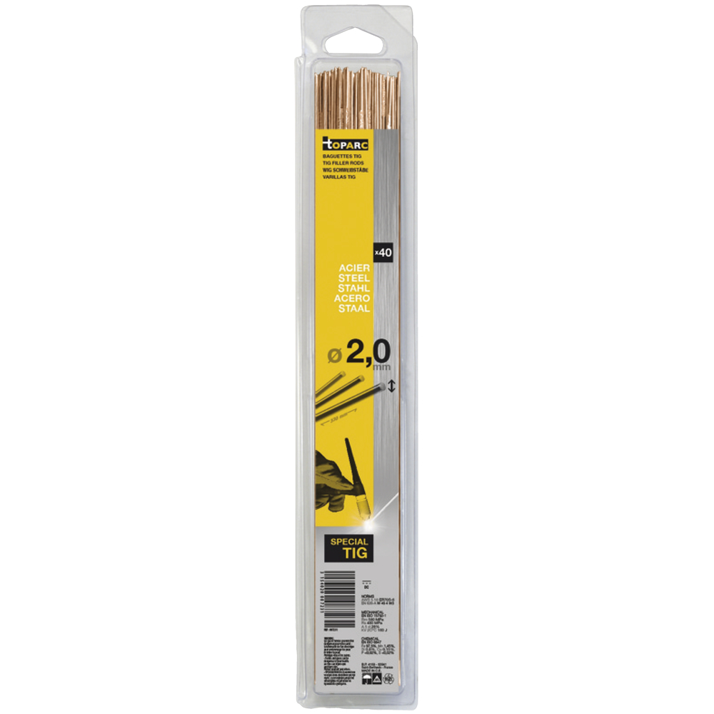 40 Baguettes TIG acier ER70S-6 / W3Si1 - Ø 2,0 mm / 330 mm - blister TOPARC - 087231